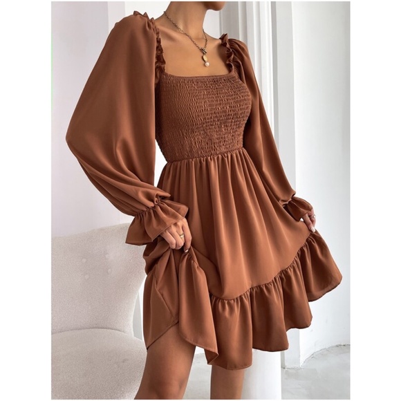 BellanBlue Dresses & Skirts - Boho Rust Brown Flounce Ruffle Sleeve Babydoll Dress Minimalist